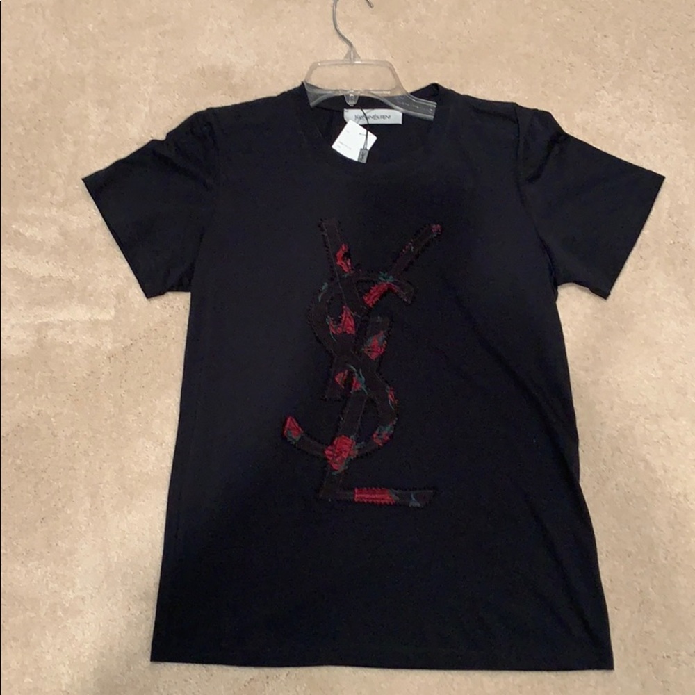 Yves Saint Laurent Black Tee with Red Logo Appliqué